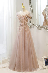 Pink Tulle Sequins Long Prom Dresses, A-Line Off the Shoulder Evening Dresses