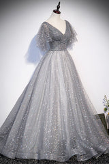 Grey V-Neck Tulle Long Prom Dresses, A-Line Evening Dresses