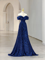 Blue Sequins Long Prom Dress, Off the Shoulder Blue Evening Dress