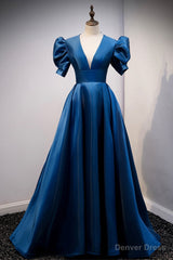 Blue V-Neck Satin Long Prom Dresses, A-Line Blue Evening Dresses