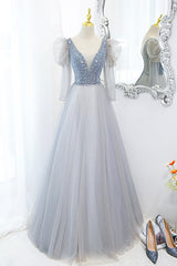 Cute V-Neck Tulle Beaded Long Prom Dresses, Gray A-Line Evening Party Dresses