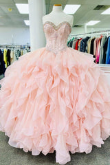 Pink Lace Beaded Long A-Line Ball Gown, Sweet 16 Dresses