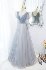 Cute V-Neck Tulle Beaded Long Prom Dresses, Gray A-Line Evening Party Dresses