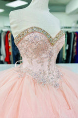 Pink Lace Beaded Long A-Line Ball Gown, Sweet 16 Dresses