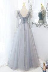 Cute V-Neck Tulle Beaded Long Prom Dresses, Gray A-Line Evening Party Dresses