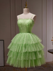 Green Tulle Straps Short Party Dresses, Light Green Homecoming Dresses