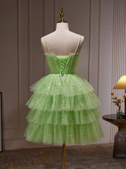 Green Tulle Straps Short Party Dresses, Light Green Homecoming Dresses