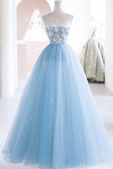 Blue Spaghetti Strap Tulle Beading Long A-Line Prom Dresses