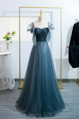 Blue Tulle Long A-Line Prom Dresses, Lovely Blue Evening Party Dresses