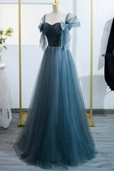 Blue Tulle Long A-Line Prom Dresses, Lovely Blue Evening Party Dresses