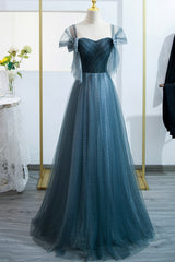 Blue Tulle Long A-Line Prom Dresses, Lovely Blue Evening Party Dresses