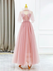 Pink Tulle Long Prom Dresses with Beaded, Lovely A-Line Evening Dresses