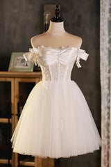 A-Line Tulle Short Prom Dresses, Cute Champagne Off the Shoulder Party Dresses