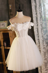 A-Line Tulle Short Prom Dresses, Cute Champagne Off the Shoulder Party Dresses