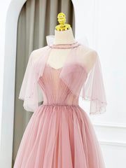 Pink Tulle Long Prom Dresses with Beaded, Lovely A-Line Evening Dresses