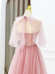 Pink Tulle Long Prom Dresses with Beaded, Lovely A-Line Evening Dresses