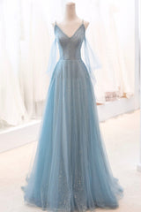 Blue Spaghetti Strap Tulle Long Prom Dresses, V-Neck Evening Party Dresses