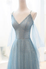 Blue Spaghetti Strap Tulle Long Prom Dresses, V-Neck Evening Party Dresses