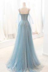 Blue Spaghetti Strap Tulle Long Prom Dresses, V-Neck Evening Party Dresses