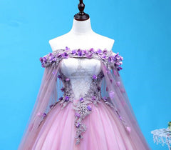 Light Purple Tulle Long Sweet 16 Gown, Flowers Quinceanera Dresses