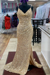 Champagne Sequin Cowl Back Mermaid Long Prom Dresses with Slit