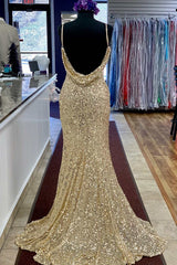 Champagne Sequin Cowl Back Mermaid Long Prom Dresses with Slit