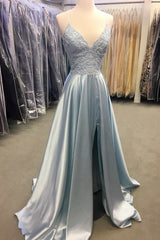 Light Blue Lace Lace-Up Back A-Line Prom Dresses with Slit