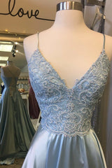 Light Blue Lace Lace-Up Back A-Line Prom Dresses with Slit