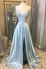 Light Blue Lace Lace-Up Back A-Line Prom Dresses with Slit