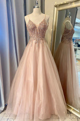 Peach Appliques Open Back A-Line Prom Dresses