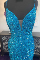 Blue Sequin Plunge V Mermaid Long Prom Dresses with Slit