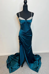 Dark Blue Mermaid Beaded Pleated Satin Long Prom Dresses with Slit