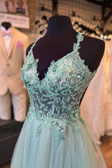 Dusty Sage Flower Straps Beaded V Neck Long Prom Dresses