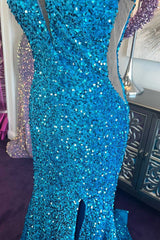 Blue Sequin Plunge V Mermaid Long Prom Dresses with Slit