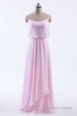 Pink Flounce Chiffon Straps A-line Long Bridesmaid Dress