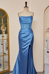 Blue Pleated Strapless Mermaid Satin Long Prom Dresses with Slit