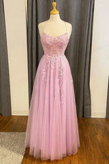 Pink Lace Tulle Lace-Up Back A-Line Prom Dresses