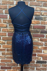 Cute Navy Blue Sequins Tight Mini Homecoming Dress