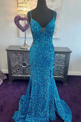 Blue Sequin Plunge V Mermaid Long Prom Dresses with Slit