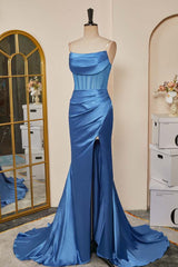 Blue Pleated Strapless Mermaid Satin Long Prom Dresses with Slit