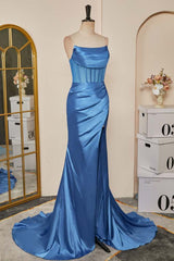 Blue Pleated Strapless Mermaid Satin Long Prom Dresses with Slit