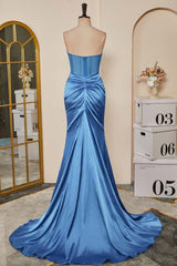 Blue Pleated Strapless Mermaid Satin Long Prom Dresses with Slit