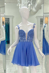 Blue Deep V Neck Straps A-line Appliques Chiffon Homecoming Dresses