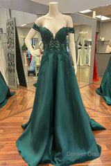 Hunter Green Lace Off-the-Shoulder A-Line Long Prom Dress