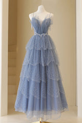 Blue Tulle Layers Straps Beaded Long Prom Dresses, Blue A-Line Evening Dresses