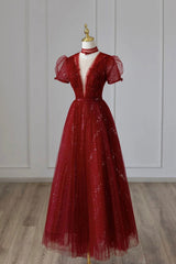 Burgundy Tulle Sequins Tea Length Prom Dresses, A-Line Evening Dresses