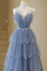 Blue Tulle Layers Straps Beaded Long Prom Dresses, Blue A-Line Evening Dresses