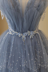 Blue Tulle Layers Straps Beaded Long Prom Dresses, Blue A-Line Evening Dresses