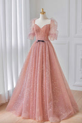 Pink Tulle Floor Length Prom Dresses, Lovely Short Sleeve Graduation Party Dresses