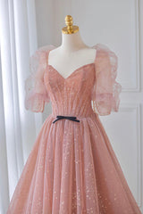 Pink Tulle Floor Length Prom Dresses, Lovely Short Sleeve Graduation Party Dresses